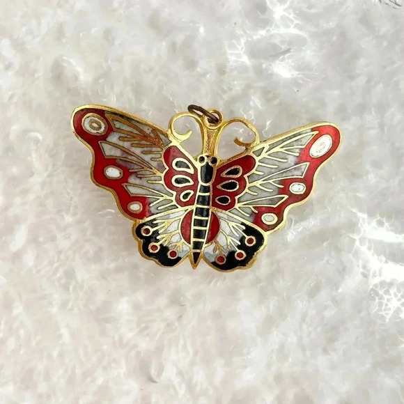 Gold & Red Toned Cloissone Butterfly Figural Vintage Brooch | Pendant Combo - Picture 1 of 10